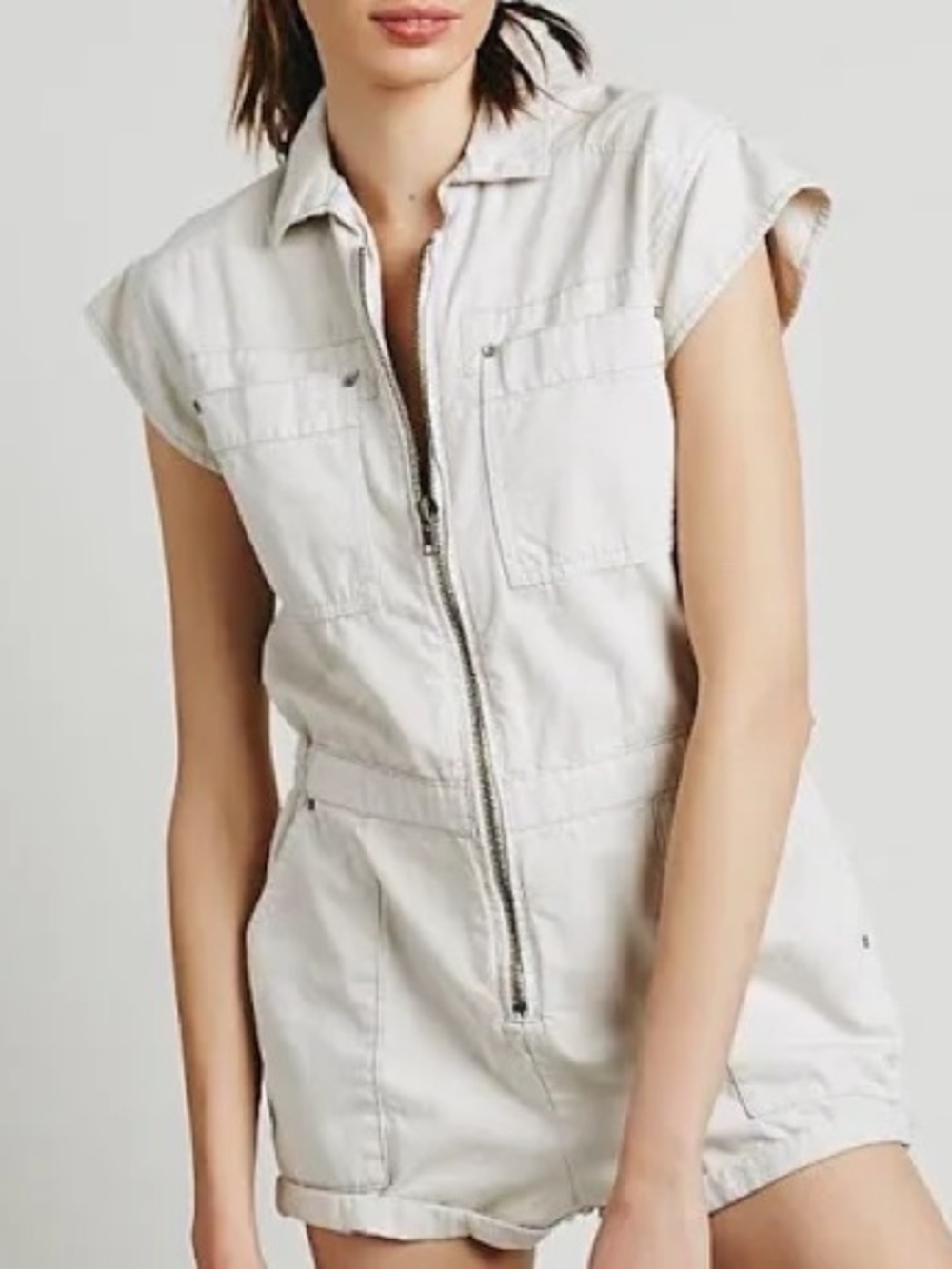 Free people Neutral Zip-Front Short Sleeve Utility Romper Jacket - Women's khaki